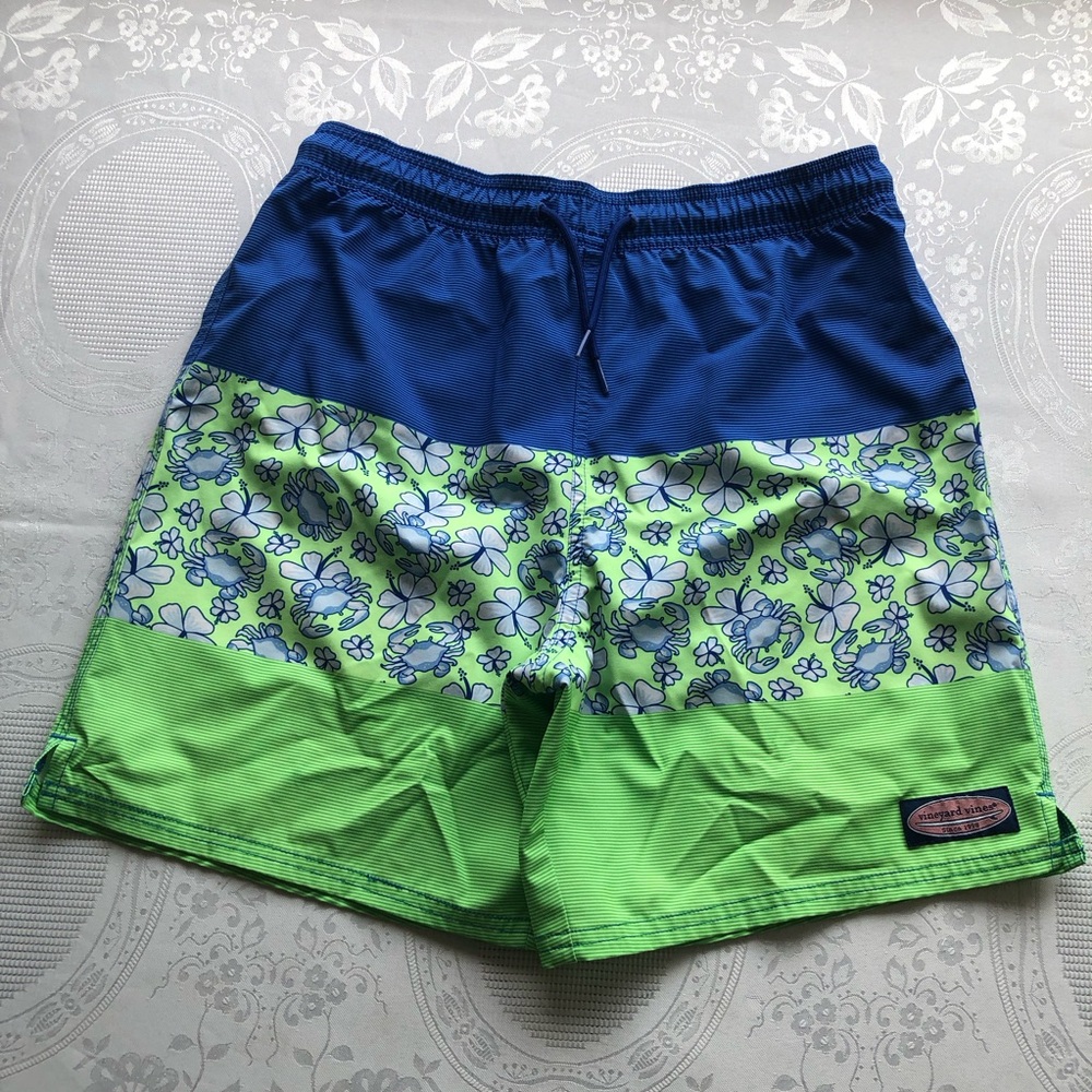 Vineyard Vines Youth Boys Size L Blue/Lime Floral Swim Trunks Shorts Activewear